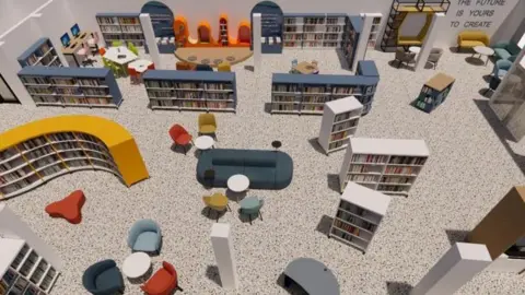 A computer-generated image of inside the library, post-project. It has chairs, tables, bookshelves and a computer desk.