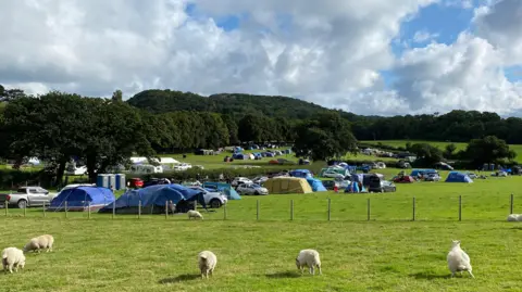 Mark Rutherford A pop-up campsite on a farm. Tents can be seen across two fields, with another field with sheep inside it behind a fence. There are large trees surrounding the fields.