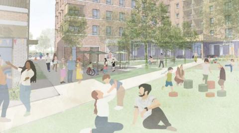 A mock up of the regenerated area. Shows drawings of people relaxing in a grassy area in the middle of new flats.