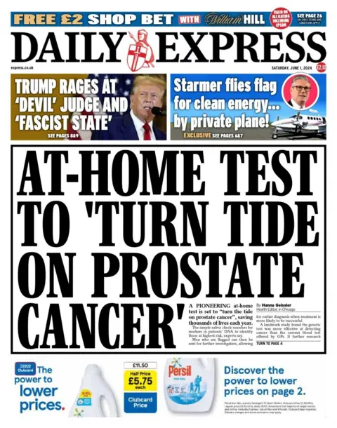 The headline in the Daily Express reads: At-home test to turn tide on prostate cancer