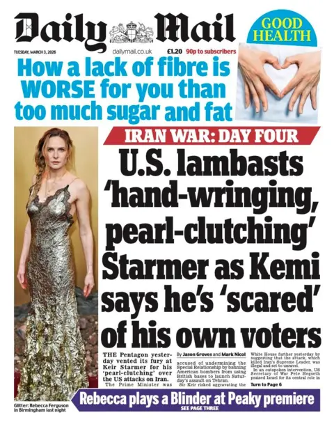 The headline on the front page of the Daily Mail reads: “US lambasts 'hand-wringing, pearl-clutching' Starmer as Kemi says he's 'scared' of his own voters”.