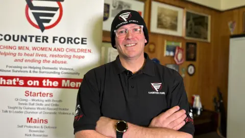 Carl Fitzpatrick standing in front of a Counter Force sign. He has his arms crossed and is wearing glasses, a black beanie with a Counterforce logo, and a black t-shirt with a counterforce logo