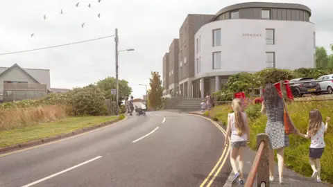 An architect's drawing of the proposed hotel on the right hand side of a road. It looks like three sections of four-storey buildings plus one which has a curved white front. There are three pedestrians sketched in the foreground and a person pushing a stroller across the road.