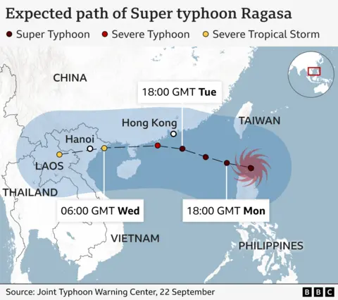 A map showing the projected path of Super Typhoon Ragasa across East and Southeast Asia. The path is marked with coloured dots showing it moves from being a Super Typhoon to a Severe Tropical Storm. The storm starts east of Taiwan, moves westward near Hong Kong, and heads toward Hanoi, Vietnam. Key timestamps are labelled: 18:00 GMT Mon (near Taiwan), 18:00 GMT Tue (near Hong Kong), and 06:00 GMT Wed (near Hanoi)