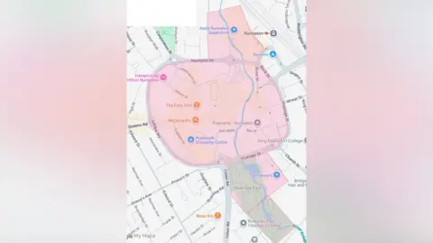 Warwickshire Police An aerial picture of a map showing Nuneaton. A large section of the map is highlighted red, showing where the dispersal order is in place. At the top of the image the red section starts near the railway station, and stretches down the map and sits entirely over the top of a green park area at the bottom of the map. From left to right it stretches from part of a long road called Jubilee way, which travels in a large circle. The red stops on the right at Vicarage Street - directly opposite Jubilee Way on the large circular road network.