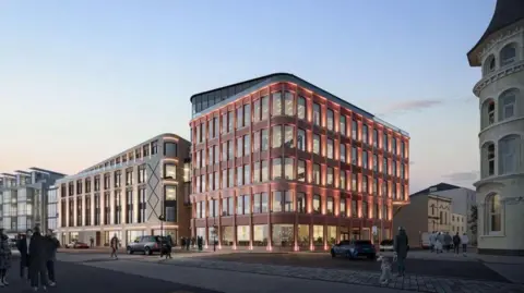 TEVIR Illustration of the Villiers project at night. It shows two large multistorey buildings on the Promenade.