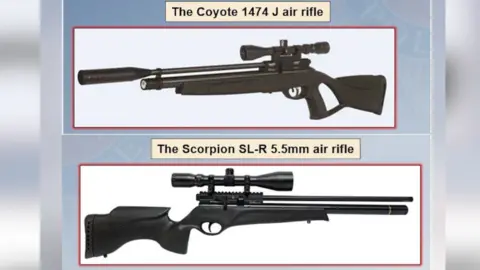 Essex Police Two images of air rifles. The top image shows a Coyote 1474 J air rifle and the second picture shows a Scorpion SL_R 5.5mm air rifle.