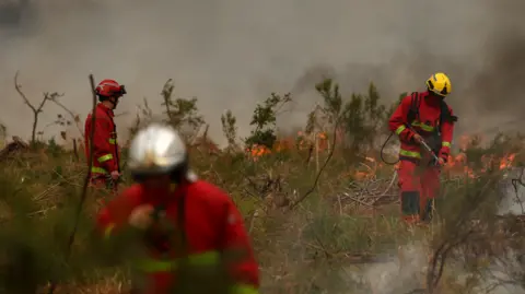 Firefighters of Paris Fire Brigade survey the scene amid the smoke and fire in Marcheprime west of Bordeaux on July 26, 2026 as a wildfire has been ravaging the forest north of the Arcachon Basin (Gironde) since July 22. The fire that has engulfed the area around the Arcachon Basin and is now threatening the outskirts of the Bordeaux metropolitan area has destroyed 42,000 hectares of "burned area," the Gironde prefecture announced; the prefecture has evacuated a total of 220,000 people since July 22. 