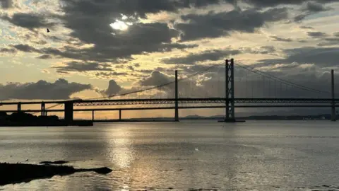 Jaap Jacobs Bridges over water, in evening light, with a lone bird flying overhead.