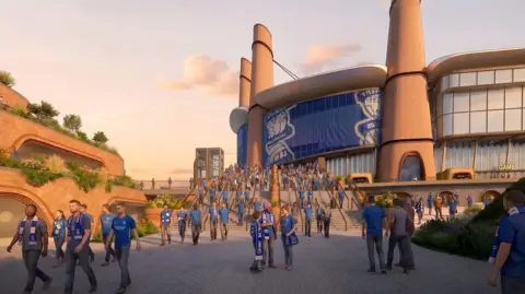 BCFC Fans in blue scarfs and shirts outside a football stadium entrance.