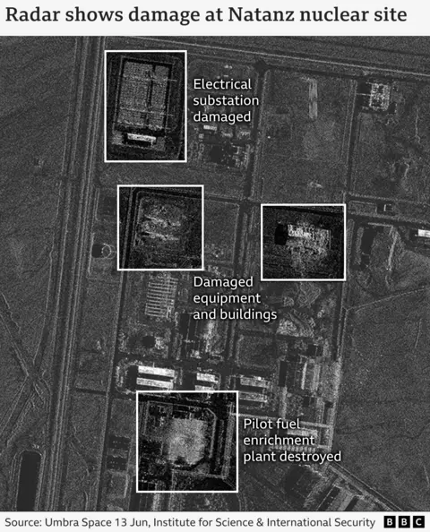 Satellite radar imagery showing damage to the Natanz nuclear site including an electrical substation, and a pilot fuel enrichment plant.