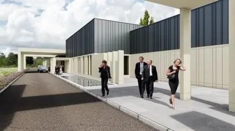 HBBC Image shows another artist's impression of what the crematorium would have looked like. There are white pillars to the right of the image and along the middle of the building. There is a hearse to the left in the distance, underneath more white pillars. The roof is black and flat and there is a small lake feature along the path. There are people dressed in black walking along the path. 