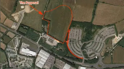 Google Earth / Cornwall Council Google satellite image of the space where the hub will be built with a red line to outline it