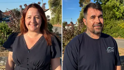 Luke Deal/BBC Side-by-side images of a woman and a man. The woman is smiling and has long red hair. She is wearing a black dress as she stands outside on a sunny day. The man is smiling and has dark hair with a dark beard, with some grey in it. He is wearing a black T-shirt as he stands outside.