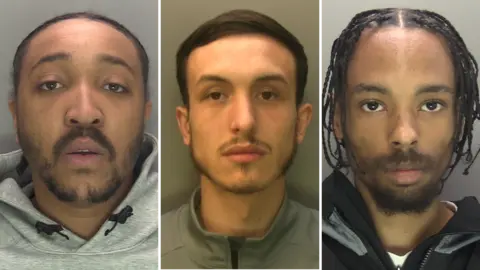 Surrey Police A composite of three police custody photographs shows, from left to right, Romaine Simpson, Charlie Hart and Kayden Brown. Each is pictured head‑and‑shoulders, facing the camera, against a neutral background, wearing casual clothing.