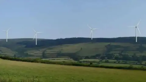 A CGI of four wind turbines on a large hilly expanse of greenery.