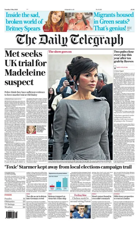 The headline on the front page of the Daily Telegraph reads: “Met seeks UK trial for Madeleine suspect”.