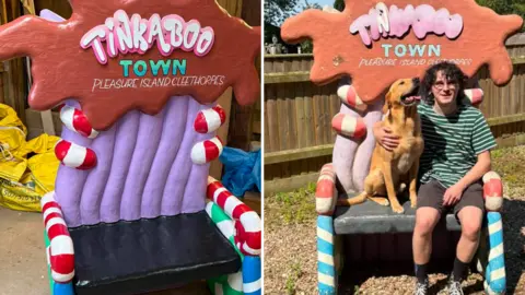 Composite image showing the throne before and after it was restored. Alfie Lugsden is seated on the throne in one image with a labrador. He has long dark wavy hair and is wearing glasses. The restored throne is brightly-painted and has the words: Tinkaboo Town painted on it.