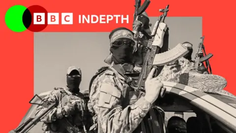 A Hamas member holding a rifle gun