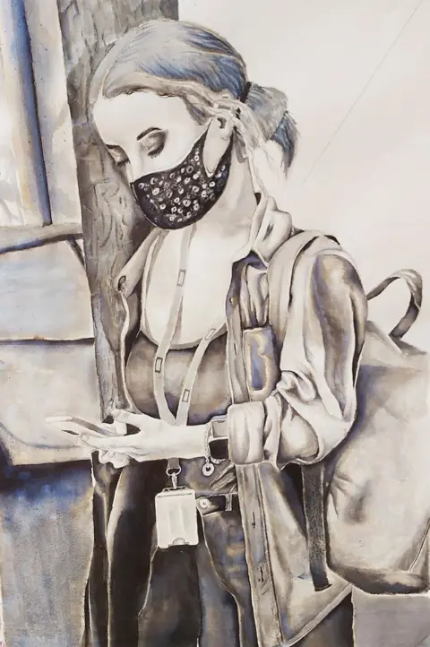 Caitlin O'Brien A piece of art showing a painting of a woman wearing a face mask and looking at her phone