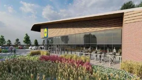 Mock up CGI of Lidl, exterior shot of the store, which has wooden slats on the roof, a car park and greenery planted outside