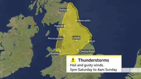 Graphic showing Met Office weather warning for thunderstorms in northern England, the Scottish Borders and north Wales