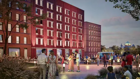 City of Wolverhampton Council A computer-generated image showing three six-storey buildings in the background while people congregate in groups around an outdoor seating area in the foreground. 