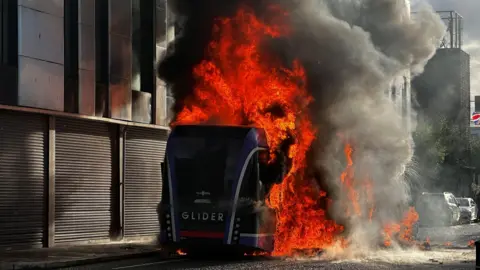 A Glider bus on fire