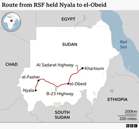 A BBC map showing the location of el-Obeid. The highways to Nyala and Khartoum are also marked on the map.