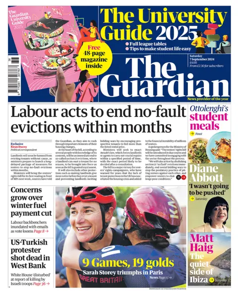 The Guardian headlines "Labour acts to extremity  no-fault evictions with months"