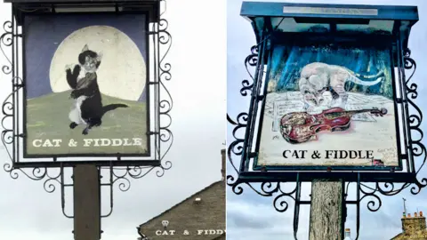 Forest Distillery Cat & Fiddle sign in 1980s (left) and 2019
