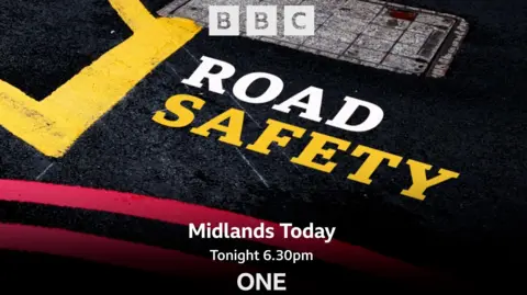 Image shows artwork promoting Midlands Today's 6.30pm road safety special. It shows the words 'road safety' in capital letters, yellow and white, on an image of  a black road.