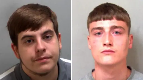 Essex Police Billy Rowley and Liam Biggs pictured separately in police custody. Rowley is wearing a grey tracksuit top and has brown hair. Biggs also has brown hair and is wearing a grey prison-issue sweater.