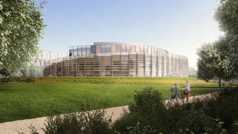 An artistic impression of what one of the buildings at Marlow Film Studios could look like, a reflective modern building surrounded by trees, greenery and a cycle path.