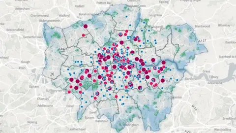 GLA/Ordnance Survey A map of Greater London has a range of purple, pin and blue spots marking the designated Cool spaces and water fountains across the capital.
