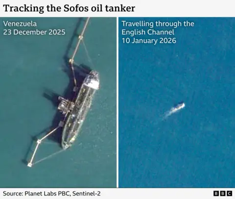 A satellite image showing the Sofos at an oil terminal in Venezuela and transiting through the Chanel on 10 January 2026. 