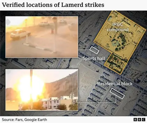 An image showing the buildings that were hit by strikes. The Residential Block and Sports Hall are both labelled. To their north is a compounds belonging to the IRGC.