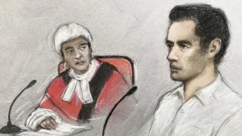 PA Court sketch of Daniel Khalife in court. The sketch shows him in a white shirt, and the judge is also sketched in a red gown and white wig