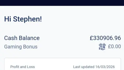 Stephen Harvey A screenshot that shows the winnings of a William Hill gaming account. It reads: "Hi Stephen!" and states the cash balance is £330,906.96.