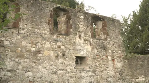 The surviving wall of the 12th Century Bishop's Palace in Halling which is a pale stone wall with rounded windows at the top and a small square window near the bottom.