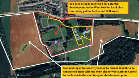 Sight Scotland Veterans A bird's eye view of the area where Linburn Estate sits, showing the area proposed for new housing and the existing houses, community centre and hall.