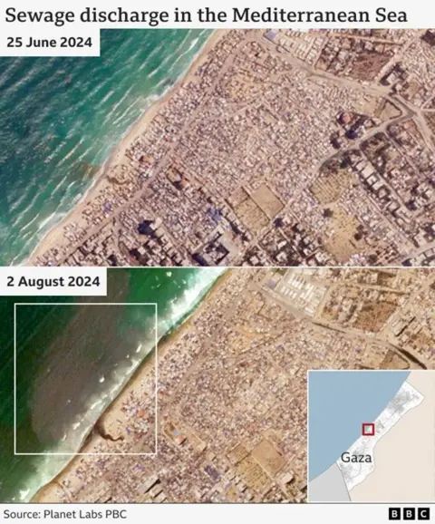 Composite satellite photos showing sewage discharge in the Mediterranean Sea off Gaza's coast on 25 June and 2 August