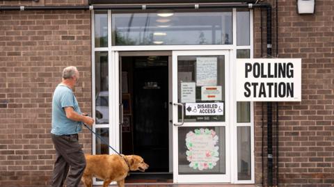 Voter with dog heading to a polling station