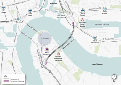 TfL A map of London showing Silvertown and Blackwall tunnels