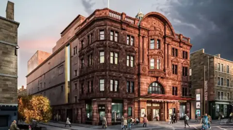 The front of the red sandstone King's Theatre from the road outside with people walking past 