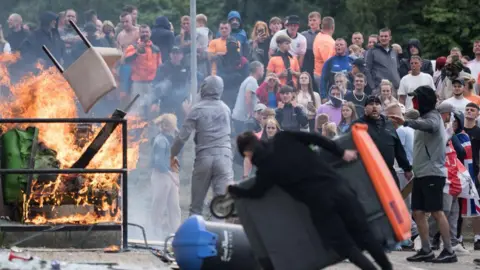 Rioting outside the Holiday Inn Express in Rotherham