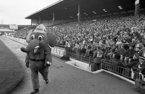 Tony Davis/Lower Block Stoke's mascot in front of the supporters