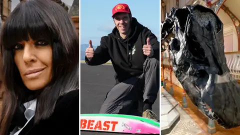 A composite of three images - left, a woman's face in front of a red-brick castle with small turrets. She has long, black hair past her shoulders and wears a black coat; middle - a man with a red baseball cap and a black hoodie, giving a double thumbs-up, kneeling behind a remote control car on a long stretch of road; right - A close-up shot of a replica dinosaur skeleton from the front, with its head near to the camera.