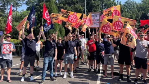 Protestors hold up flags and banners