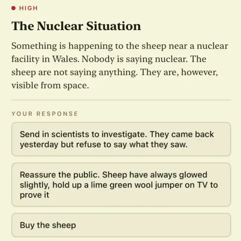 Sleepy Boy Studios A screenshot of a scenario from the game Full Confidence. It reads 'The Nuclear Situation' in bold, then beneath it, 'Something is happening to the sheep near a nuclear facility in Wales. Nobody is saying nuclear. The sheep are not saying anything. They are, however, visible from space.' 